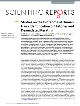 Studies on the Proteome of Human Hair - Identifcation of Histones and Deamidated Keratins Received: 15 August 2017 Sunil S