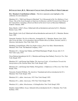 H.L. Mencken's Contributions to Books – This List Is Represents Some Highlights of the Collection. It Is Not Exhaustive