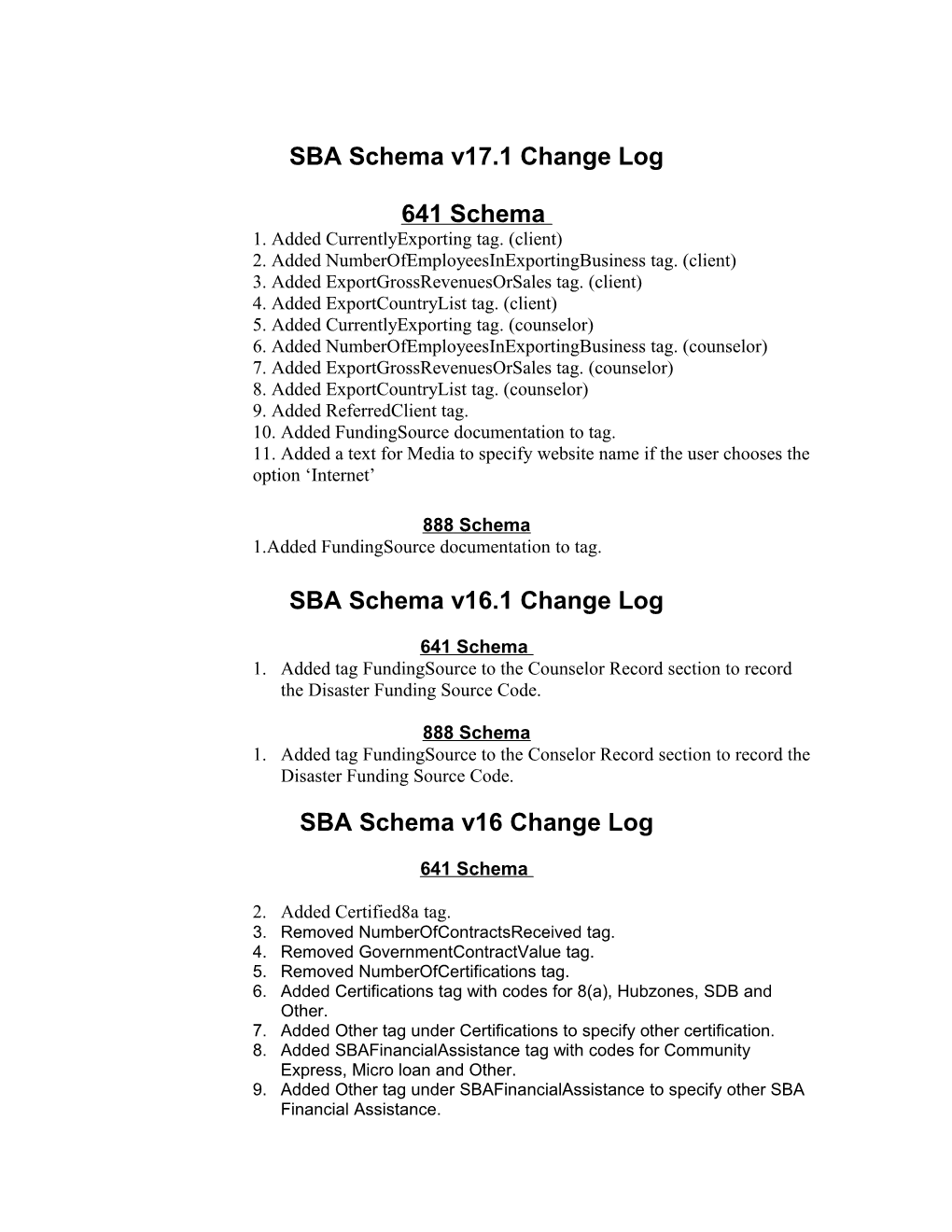 SBA Schema V17.1 Change Log