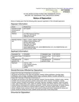 Notice of Opposition Opposer Information Applicant Information