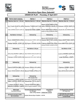 Barcelona Open Banc Sabadell ORDER of PLAY - Thursday, 27 April 2017