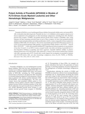 Potent Activity of Ponatinib (AP24534) in Models of FLT3-Driven Acute Myeloid Leukemia and Other Hematologic Malignancies