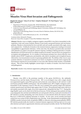 Measles Virus Host Invasion and Pathogenesis