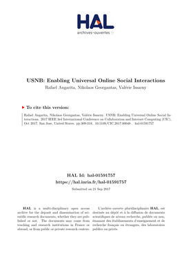 USNB: Enabling Universal Online Social Interactions Rafael Angarita, Nikolaos Georgantas, Valérie Issarny