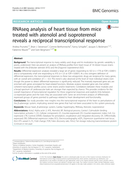 Rnaseq Analysis of Heart Tissue from Mice Treated with Atenolol and Isoproterenol Reveals a Reciprocal Transcriptional Response Andrea Prunotto1,2, Brian J