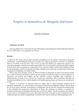 Temples Et Monastères De Mongolie-Intérieure