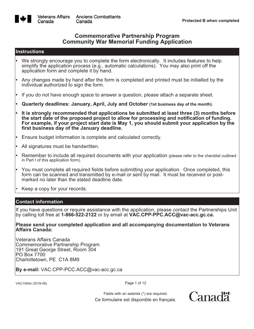 Commemorative Partnership Program Community War Memorial Funding Application Instructions • We Strongly Encourage You to Complete the Form Electronically