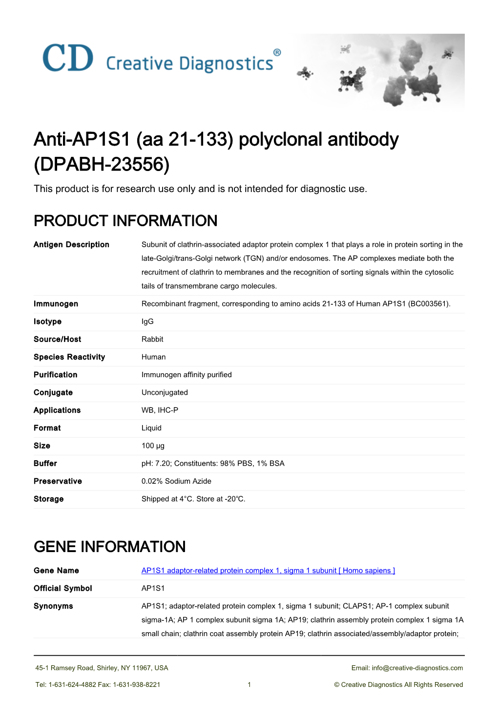 Anti-AP1S1 (Aa 21-133) Polyclonal Antibody (DPABH-23556) This Product Is for Research Use Only and Is Not Intended for Diagnostic Use