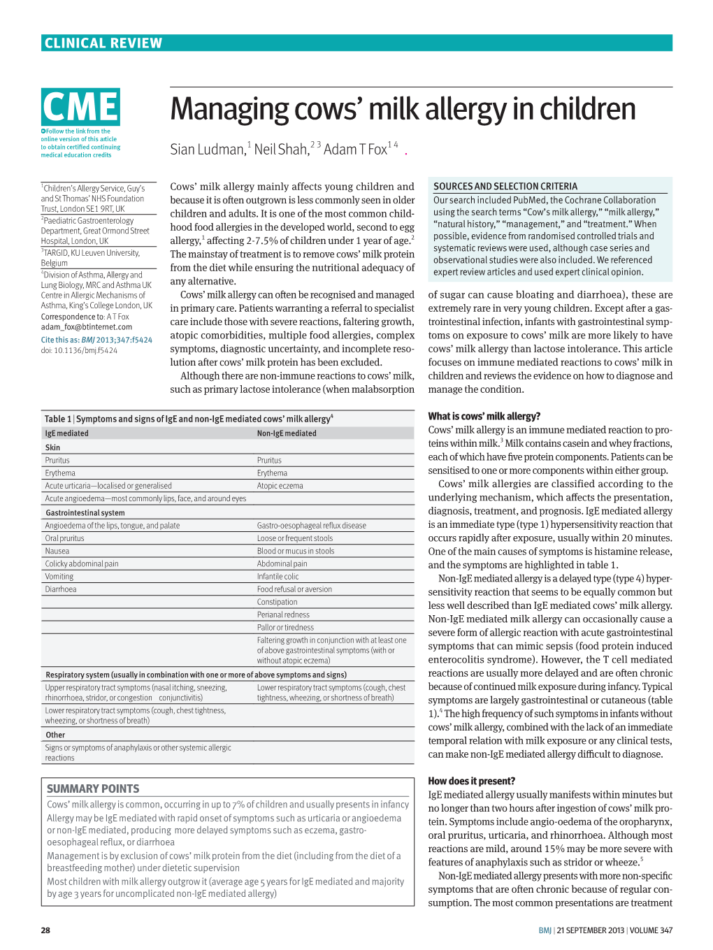 Managing Cows' Milk Allergy in Children