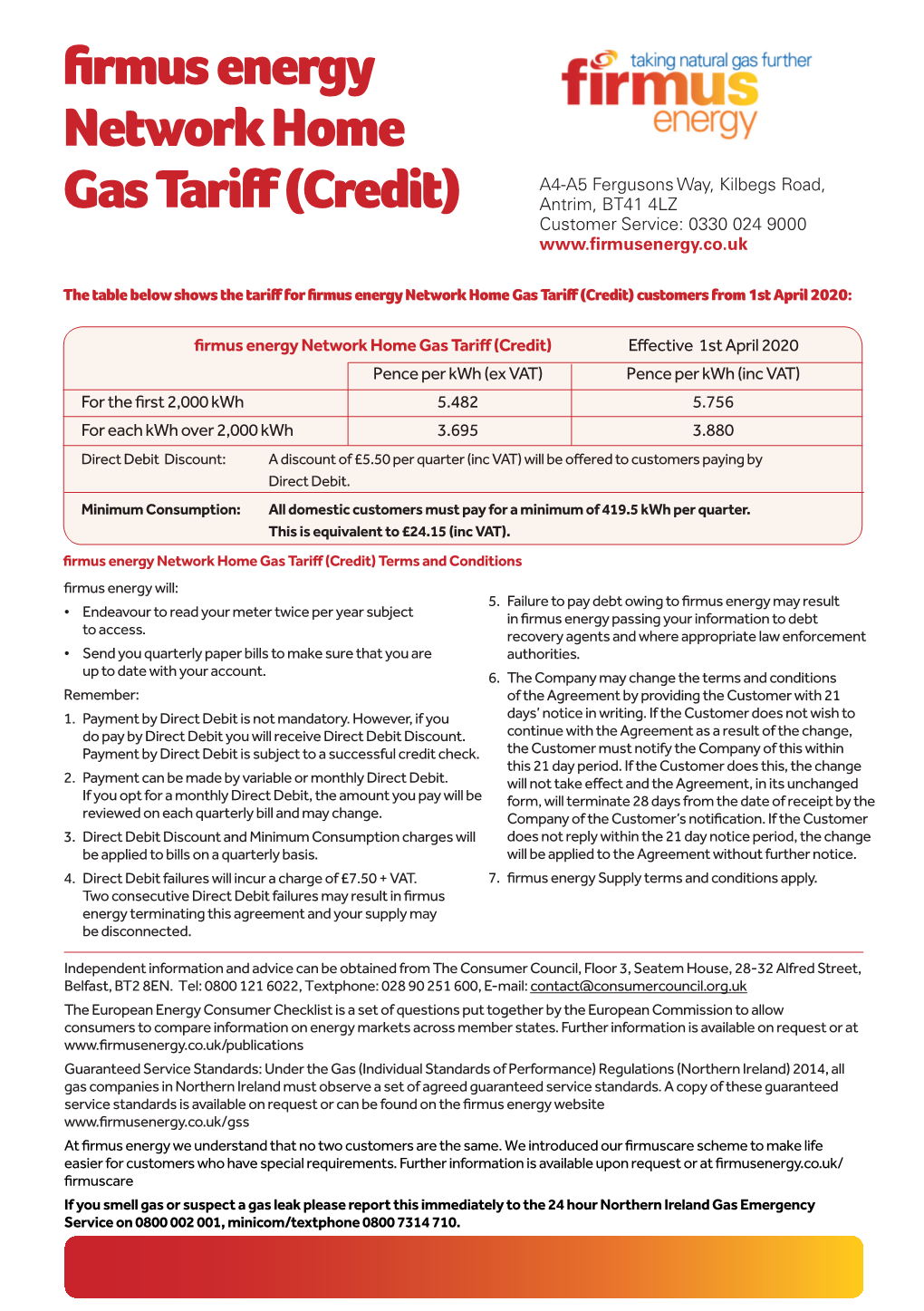 Firmus Energy Network Home Gas Tariff(Credit)