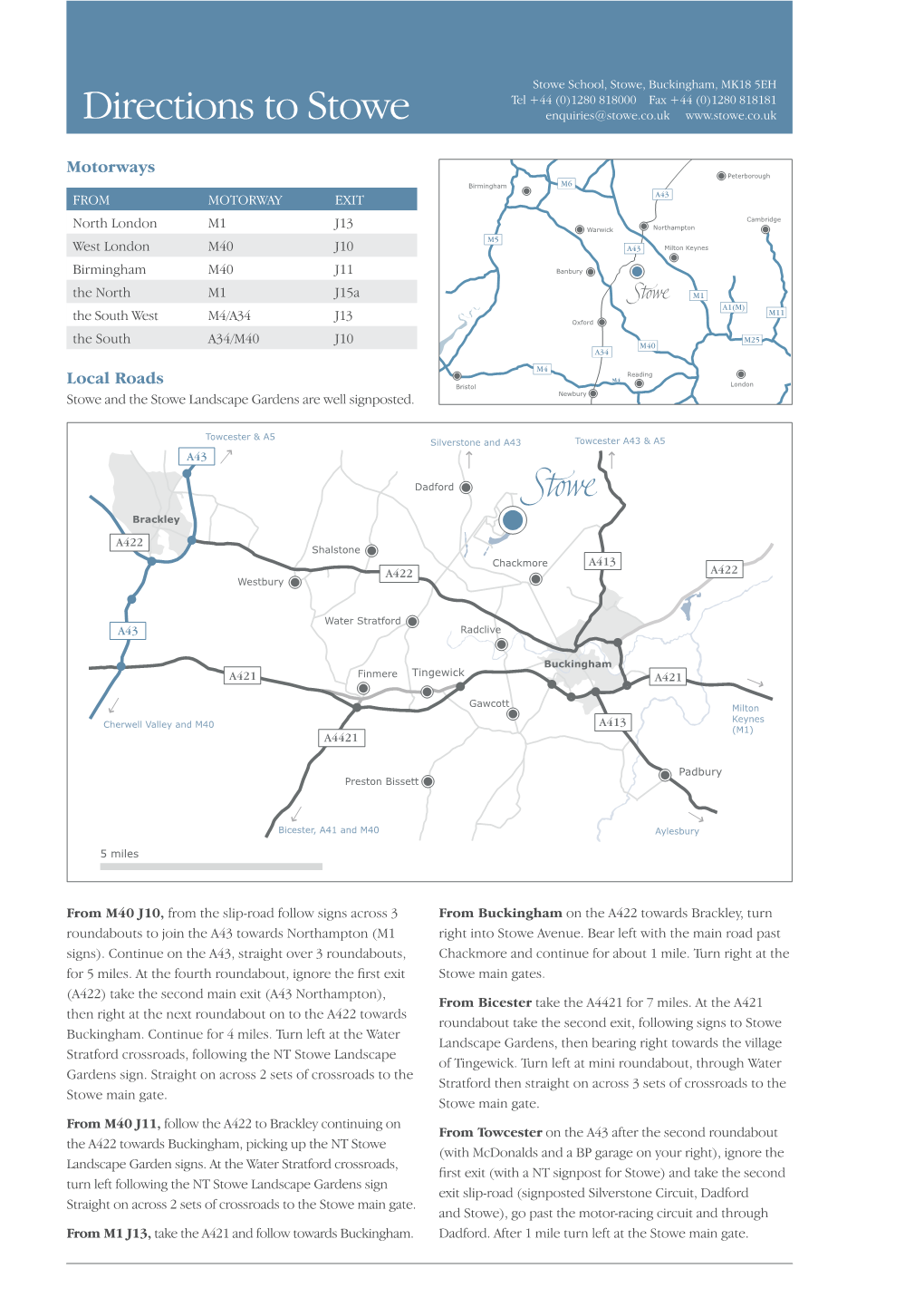 Directions to Stowe Enquiries@Stowe.Co.Uk