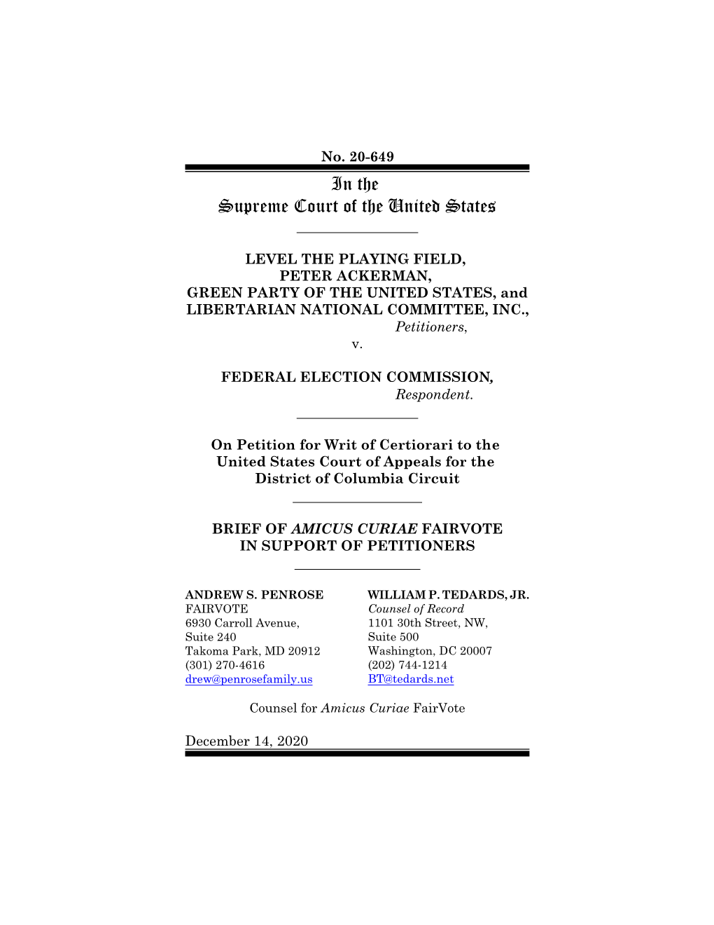 LPF V. FEC (20-649) Brief of Amicus Curiae Fairvote in Support Of