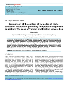 Comparison of the Content of Web Sites of Higher Education Institutions Providing for Sports Management Education: the Case of Turkish and English Universities