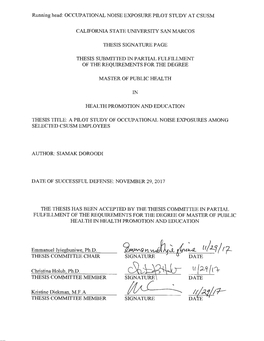 A Pilot Study of Occupational Noise Exposures Among Selected Csusm Employees