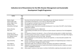 Indicative List of Dissertations for the Msc Disaster Management and Sustainable Development Taught Programme
