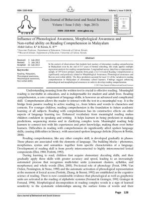 Influence of Phonological Awareness, Morphological Awareness and Non-Verbal Ability on Reading Comprehension in Malayalam Abdul Gafoor, K* & Remia, K