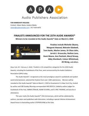 FINALISTS ANNOUNCED for the 25TH AUDIE AWARDS® Winners to Be Revealed at the Audie Awards® Gala on March 2, 2020