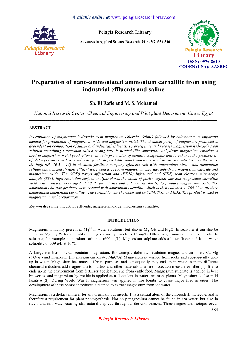 Preparation of Nano-Ammoniated Ammonium Carnallite from Using Industrial Effluents and Saline