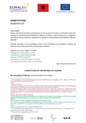 Constitution of the Republic of Albania As Approved by the Initial Law and the Amending Laws As Follows