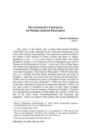 Max Stirner's Critiques of Pierre-Joseph Proudhon