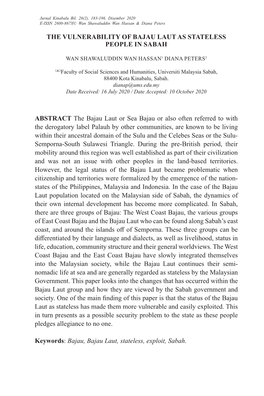 ABSTRACT the Bajau Laut Or Sea Bajau Or Also Often Referred to with the Derogatory Label Palauh by Other Communities, Are Known