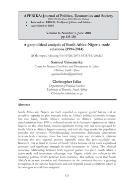 A Geopolitical Analysis of South Africa-Nigeria Trade Relations (1994-2014)