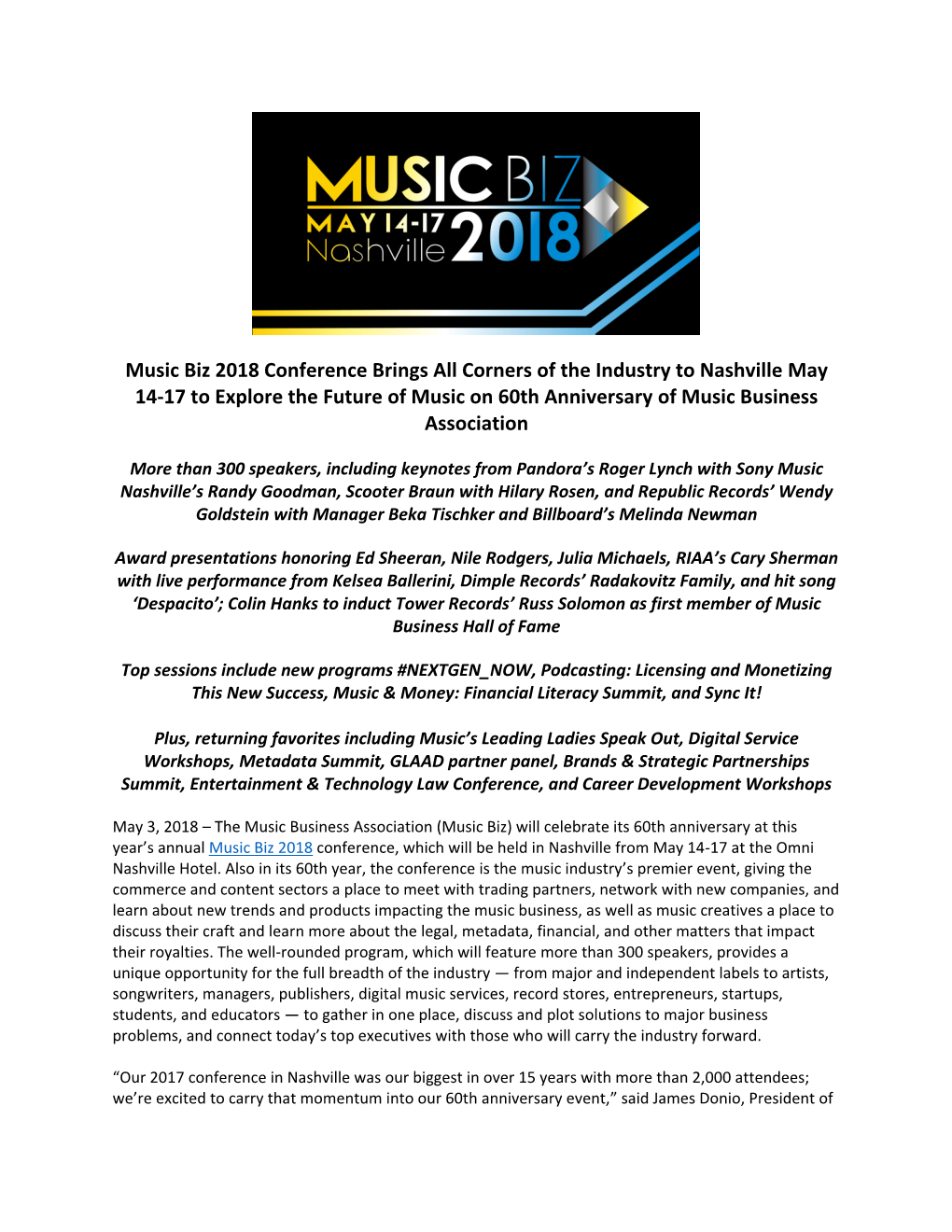 Music Biz 2018 Conference Brings All Corners of the Industry to Nashville May 14-17 to Explore the Future of Music on 60Th Anniversary of Music Business Association