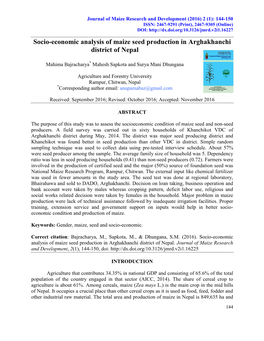 Socio-Economic Analysis of Maize Seed Production in Arghakhanchi District of Nepal