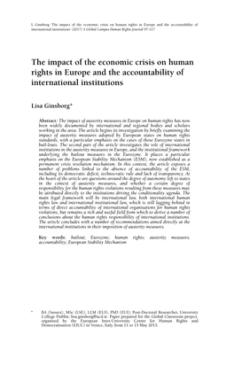 The Impact of the Economic Crisis on Human Rights in Europe and the Accountability of International Institutions’ (2017) 1 Global Campus Human Rights Journal 97-117