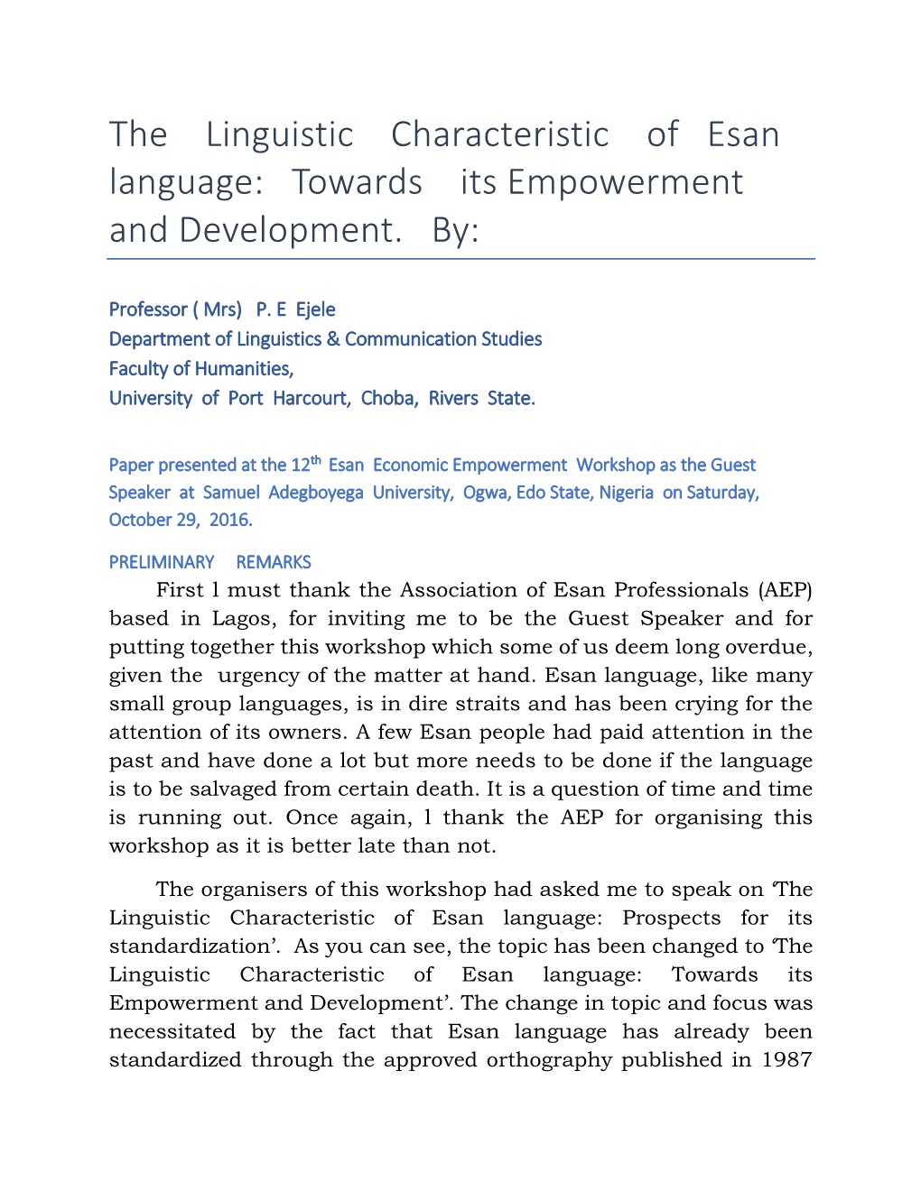 The Linguistic Characteristic of Esan Language: Towards Its Empowerment and Development