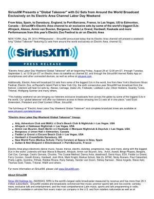 Siriusxm Presents a "Global Takeover" with DJ Sets from Around the World Broadcast Exclusively on Its Electric Area Channel Labor Day Weekend
