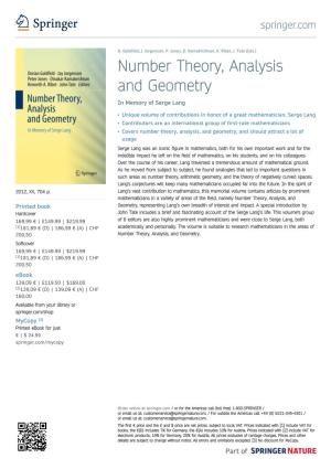 Number Theory, Analysis and Geometry in Memory of Serge Lang
