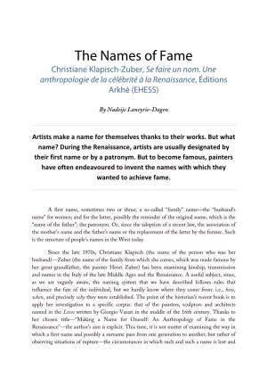 The Names of Fame Christiane Klapisch-Zuber, Se Faire Un Nom