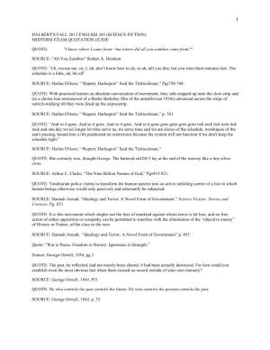 Halbert's Fall 2013 English 245 (Science Fiction) Midterm Exam Quotation Guide