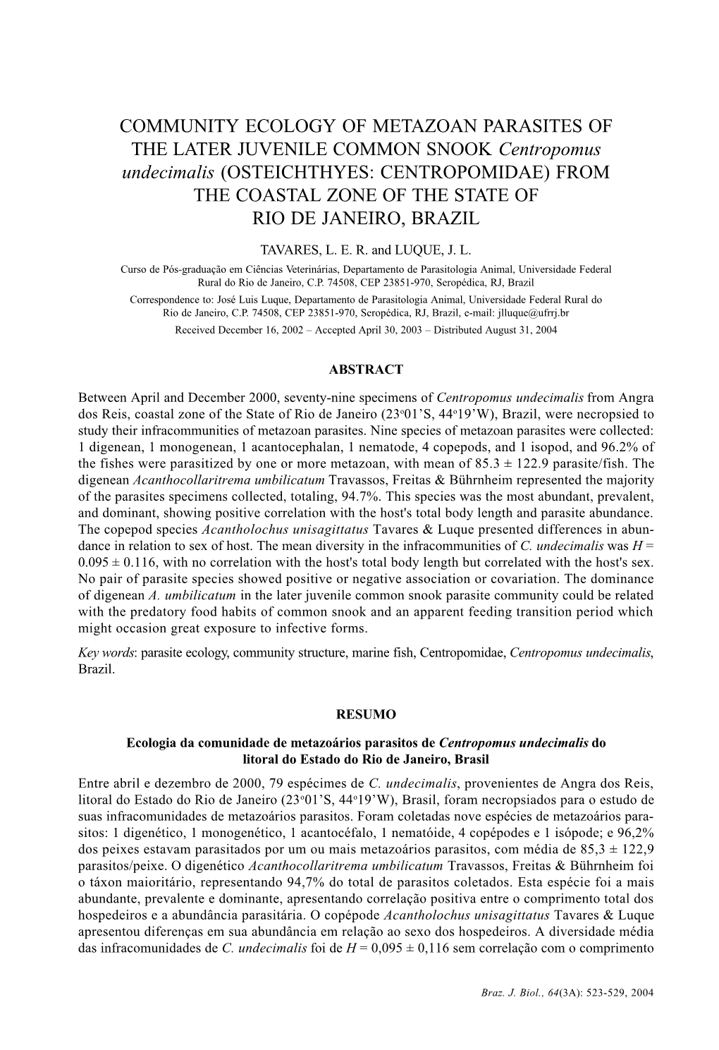 Community Ecology of Metazoan