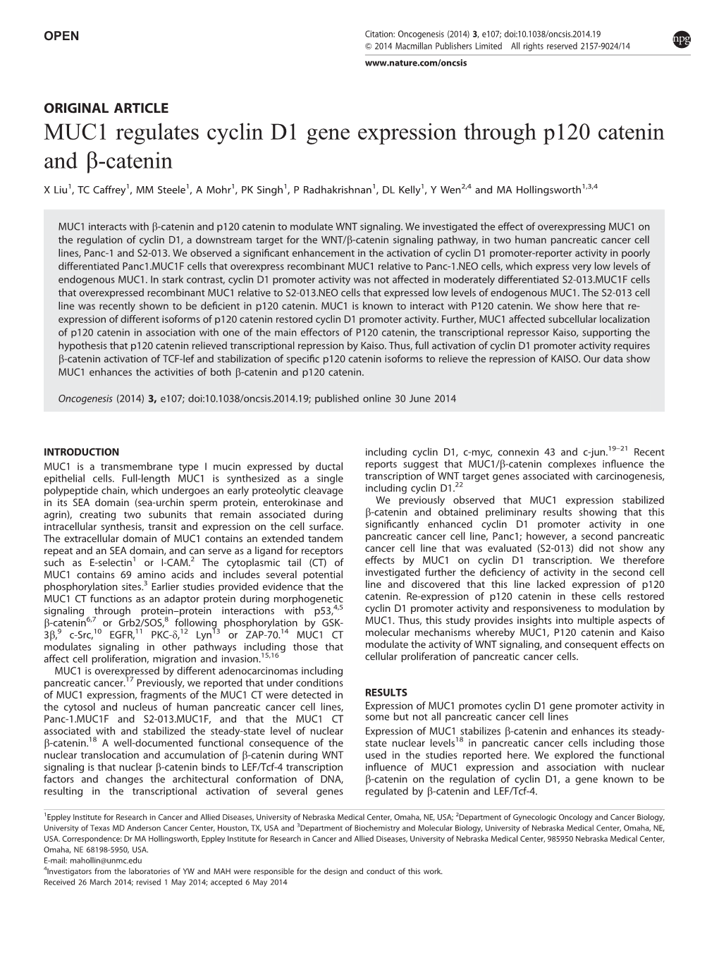 MUC1 Regulates Cyclin D1 Gene Expression Through P120 Catenin and B-Catenin