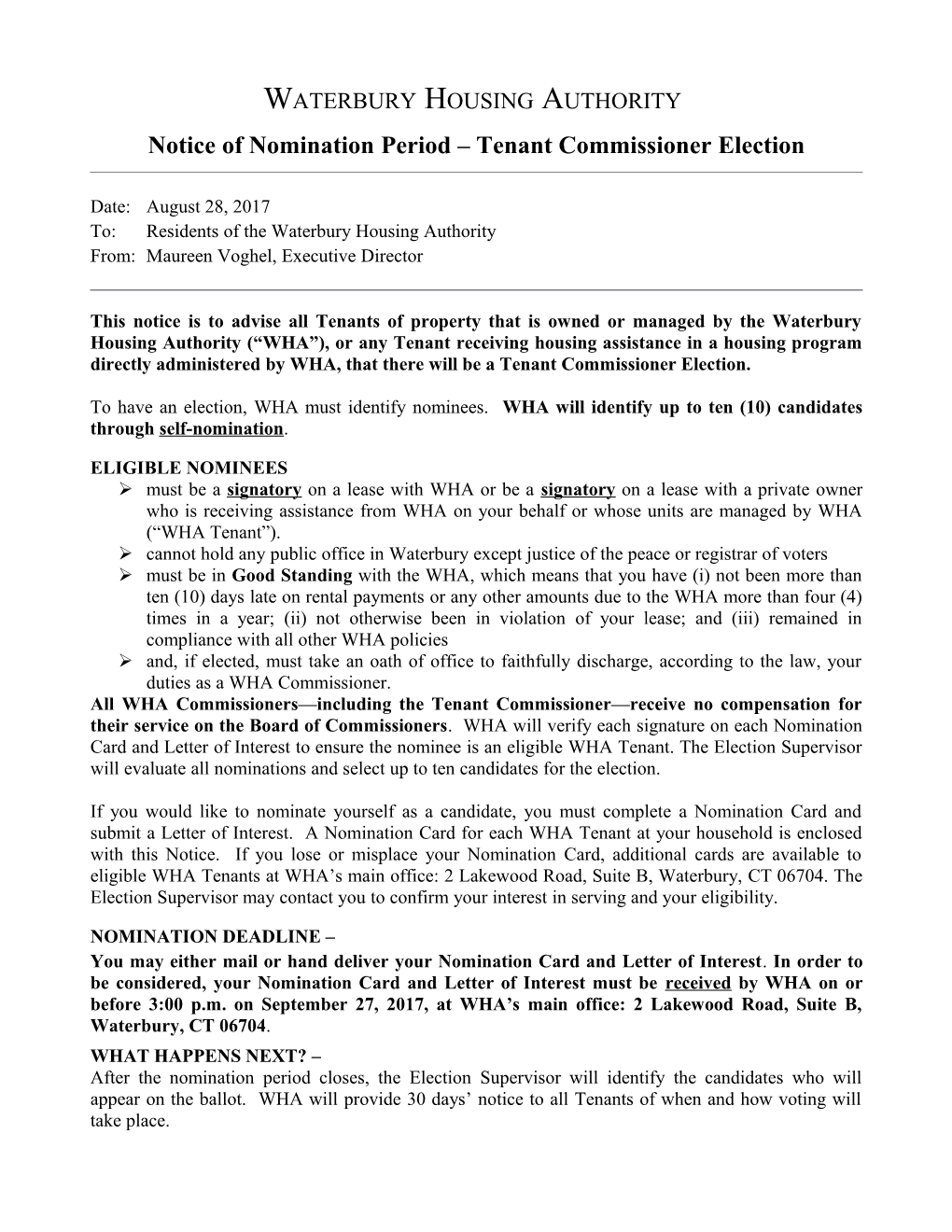 Notice of Nomination Period Tenant Commissioner Election