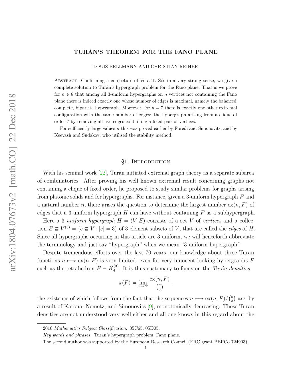 Tur\'An's Theorem for the Fano Plane