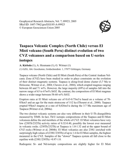 Taapaca Volcanic Complex (North Chile) Versus El Misti Volcano (South Peru) Distinct Evolution of Two CVZ Volcanoes and a Comparison Based on U-Series Isotopes A
