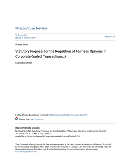 Statutory Proposal for the Regulation of Fairness Opinions in Corporate Control Transactions, A