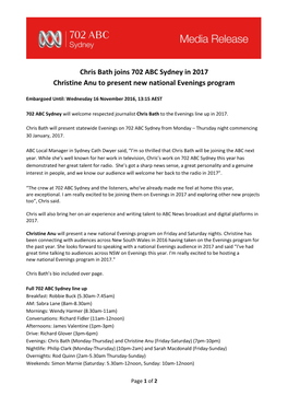Chris Bath Joins 702 ABC Sydney in 2017 Christine Anu to Present New National Evenings Program