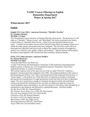 TAMIU Course Offerings in English Humanities Department Winter & Spring 2017 Wintermester 2017