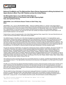 National Cinemedia and the Metropolitan Opera Renew Agreement to Bring Acclaimed Live Opera Series to More Than 440 Theatres Across the United States