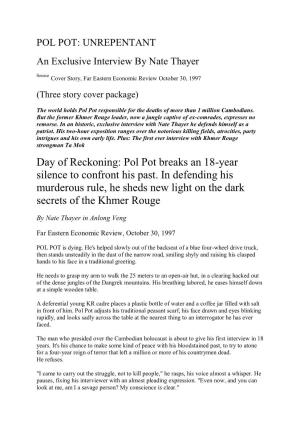 Day of Reckoning: Pol Pot Breaks an 18-Year Silence to Confront His Past