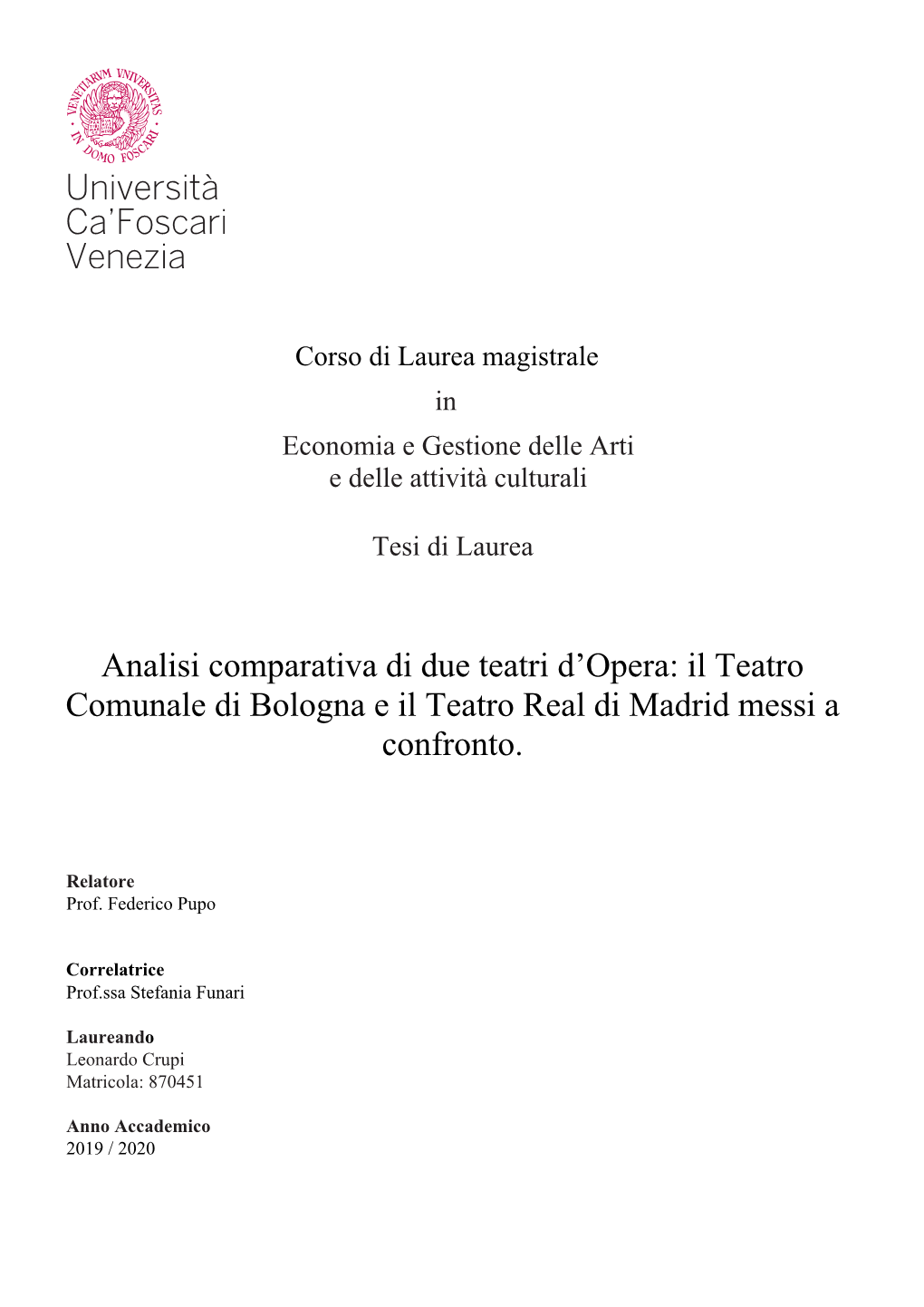 Analisi Comparativa Di Due Teatri D'opera