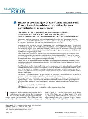 History of Psychosurgery at Sainte-Anne Hospital, Paris, France, Through Translational Interactions Between Psychiatrists and Neurosurgeons