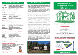 Wanderplan 2021 Pfälzerwald-Verein Hohe List E.V