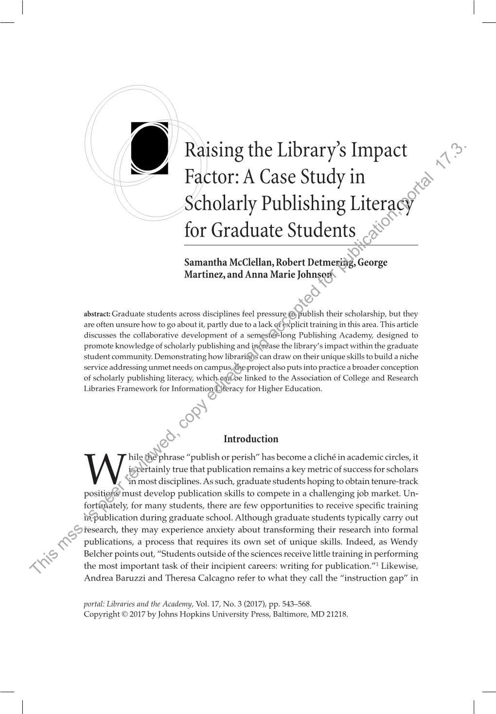 A Case Study in Scholarly Publishing Literacy for Graduate Students