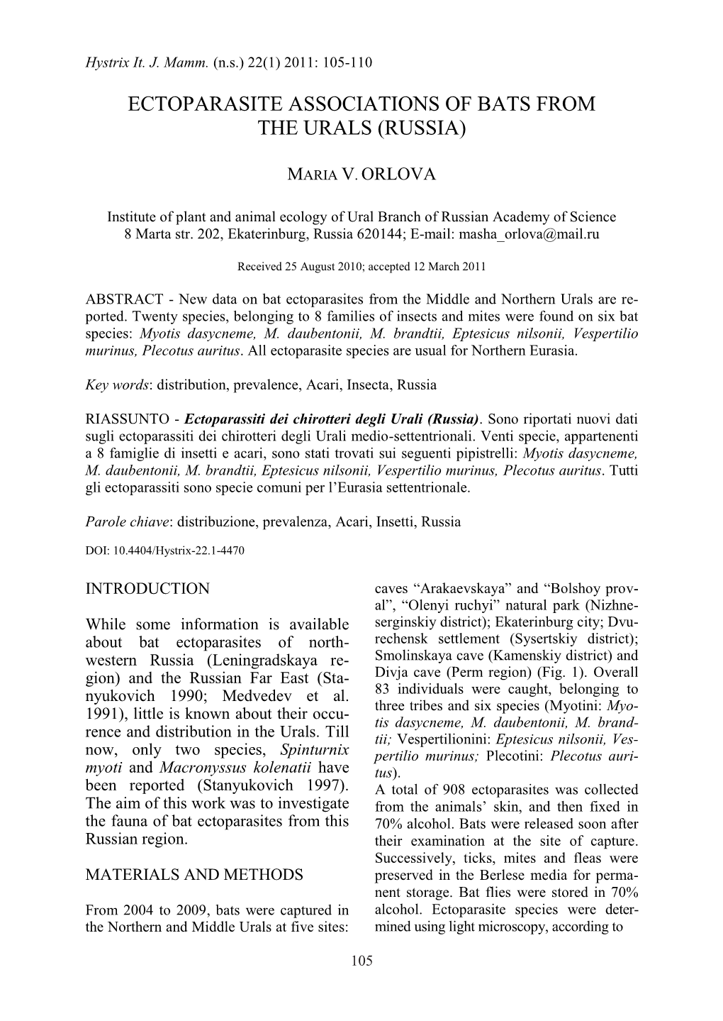 Ectoparasite Associations of Bats from the Urals (Russia)