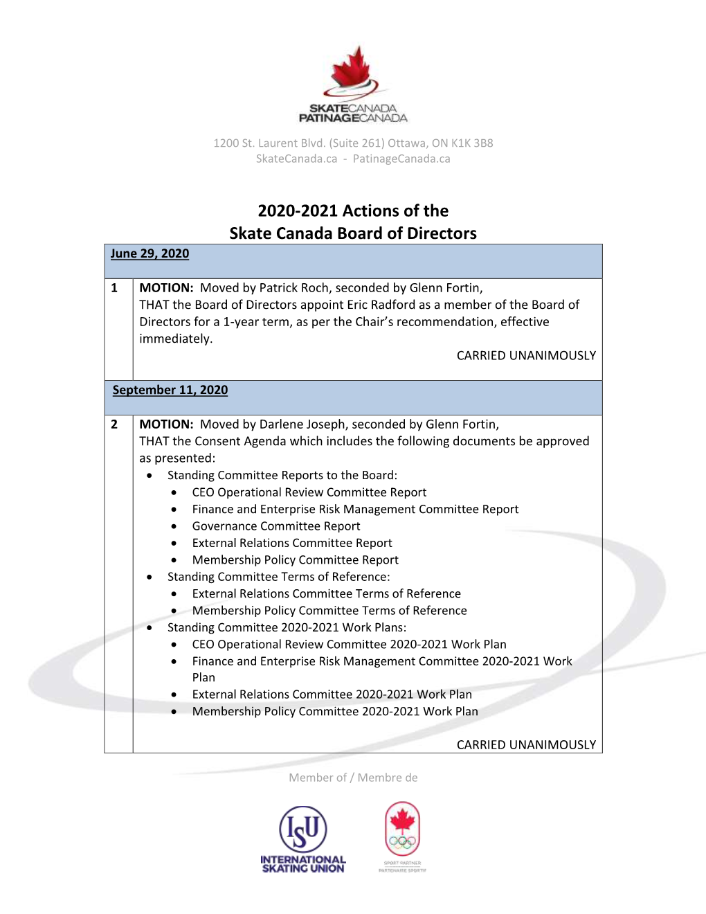 2020-2021 Actions of the Skate Canada Board of Directors June 29, 2020